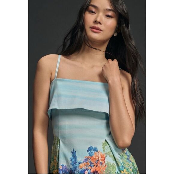 NEW By Anthropologie Sleeveless Floral Art Foldover Knee-Length Dress X-Small - Picture 3 of 4